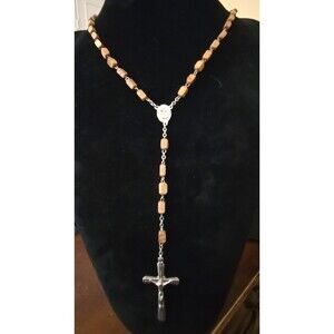 Vintage Wooden Relic Bead Rosary And Crucifix Necklace